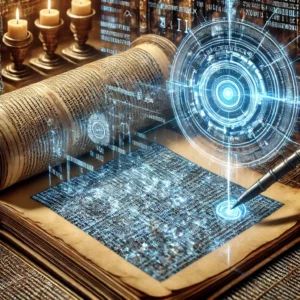 DALLE 2024-06-19 214519 - AI decoding ancient Roman scrolls Show a futuristic AI system analyzing and revealing texts from ancient Roman scrolls with a blend of historical an - innovaTopia
