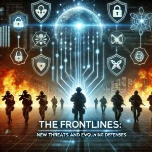 DALLE 2024-06-19 220939 - The frontlines of cybersecurity_ new threats and evolving defenses Show a digital battlefield with cyber threats represented by menacing icons and a - innovaTopia