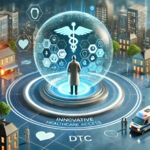 DALLE 2024-06-19 220942 - Innovative healthcare access_ the future of PTC and DTC models Show a futuristic healthcare scene with a patient interacting with both in-person and - innovaTopia