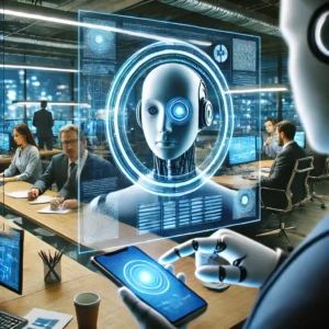 DALLE 2024-06-19 220946 - AI analyzing employee messages in a corporate setting Show a futuristic office environment with an AI system scanning and analyzing text messages hi - innovaTopia