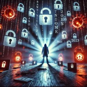 DALLE 2024-06-19 220953 - A dramatic depiction of the rise in ransomware attacks in 2023 Show a dark menacing scene with symbols of ransomware like locked files and malicious - innovaTopia