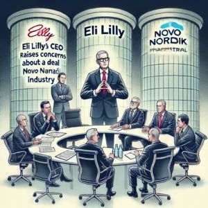 DALLE 2024-06-21 042420 - An illustration depicting Eli Lillys CEO raising concerns about a deal with Novo Nordisk in the pharmaceutical industry The scene should include cor - innovaTopia
