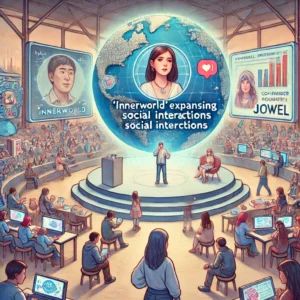 DALLE 2024-06-21 042455 - An illustration showing Innerworld expanding social interactions in a virtual space with a heartfelt message from co-founder Jewel The scene should - innovaTopia