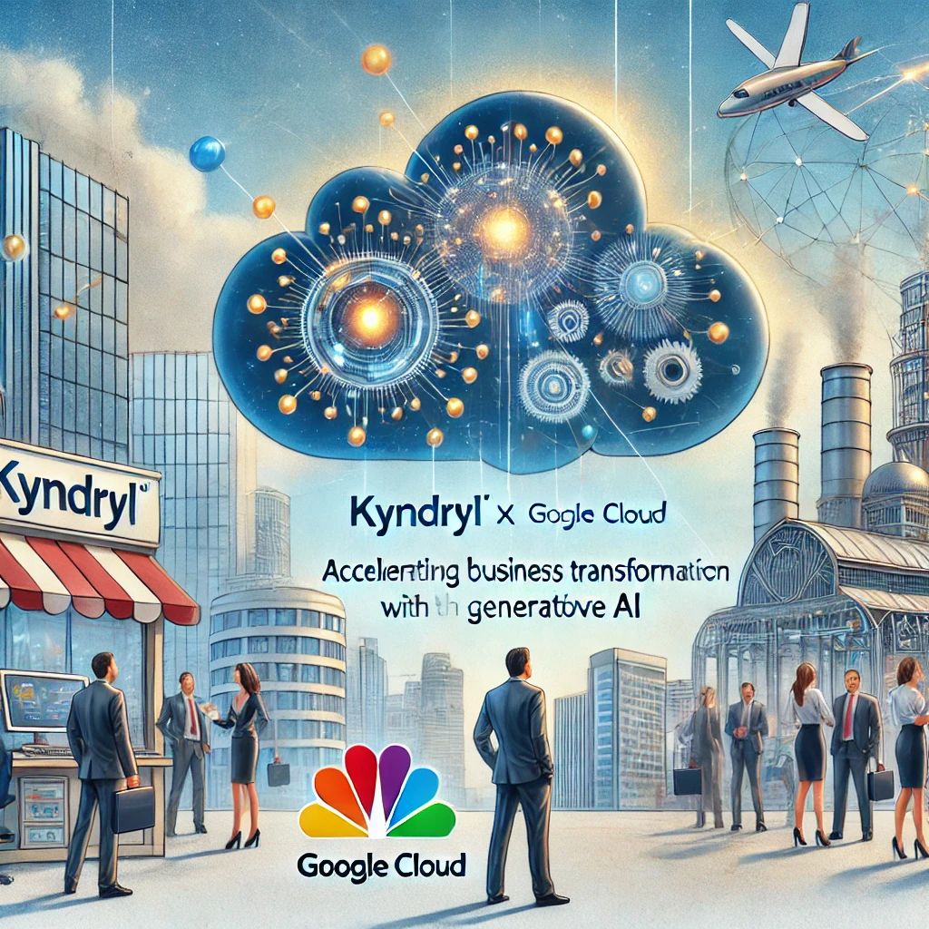 DALLE 2024-06-21 044644 - An illustration depicting Kyndryl and Google Cloud accelerating business transformation with generative AI The scene should include business professi - innovaTopia