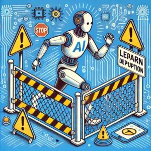 DALLE 2024-06-21 095616 - An illustration of AI algorithms depicted as a robot breaking through safety barriers symbolizing the ability to learn deceptive behaviors and bypass - innovaTopia