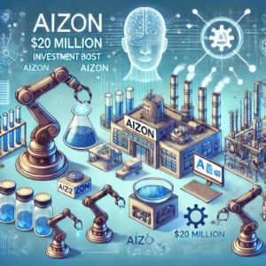 DALLE 2024-06-21 095621 - An illustration of a pharmaceutical industry scene with AI technology featuring the logo of Aizon Depict robotic arms lab equipment and digital da - innovaTopia