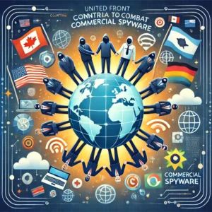 DALLE 2024-06-21 101627 - An illustration of global efforts by countries and tech giants to combat commercial spyware Depict a united front with symbols of cooperation techno - innovaTopia