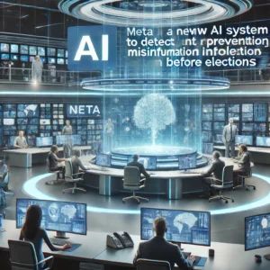 DALLE 2024-06-21 103529 - A tech-savvy newsroom where Meta is unveiling a new AI system to detect and prevent misinformation before elections The scene includes journalists A - innovaTopia