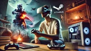 DALLE 2024-06-21 105704 - A tech-savvy gamer using Apple Vision Pro immersed in a SteamVR game The scene shows high-tech gaming equipment a virtual world blending with reali - innovaTopia