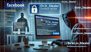 DALLE 2024-06-21 105711 - A computer screen displaying a Facebook ad with malicious code representing the Ov3r_Stealer malware A hackers silhouette in the background and dat - innovaTopia