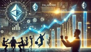 DALLE 2024-06-21 105722 - A dynamic financial chart with Palantirs logo showing a sharp upward trend Investors celebrating AI elements illustrating high demand and futuris - innovaTopia