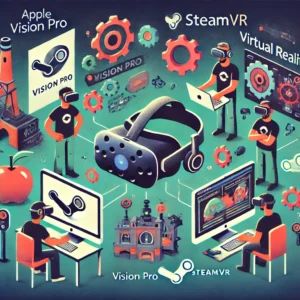 DALLE 2024-06-22 065027 - Illustration of Apple Vision Pros compatibility with SteamVR Features developers working on the integration virtual reality elements and a sense o - innovaTopia