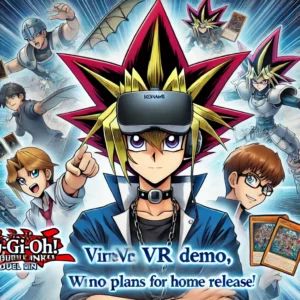 DALLE 2024-06-22 071108 - Illustration of Konami announcing a VR demo of Yu-Gi-Oh Duel Links with no plans for home release Features virtual reality elements iconic charact - innovaTopia