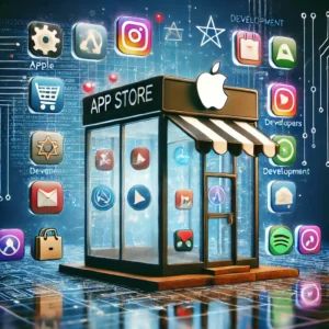 DALLE 2024-06-23 081841 - A digital storefront with app icons and developer tools symbolizing the controversy and criticism faced by Apples App Store reform proposal The bac - innovaTopia