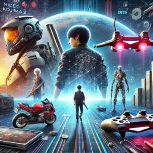 DALLE 2024-06-23 094743 - A futuristic video game scene with elements from Death Stranding 2 and a new Hideo Kojima project symbolizing the announcement of the games delay - innovaTopia