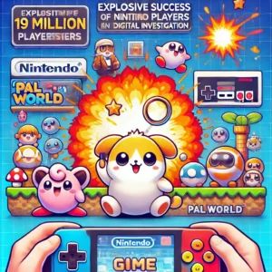DALLE 2024-06-23 101340 - A vibrant game scene with cute creatures symbolizing the explosive success of PalWorld with 19 million players and Nintendos investigation The ba - innovaTopia