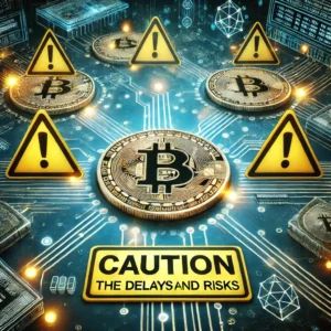 DALLE 2024-06-23 102841 - A digital representation of Bitcoin technology with caution signs symbolizing the delays and risks associated with Bitcoin NFTs The background shoul - innovaTopia