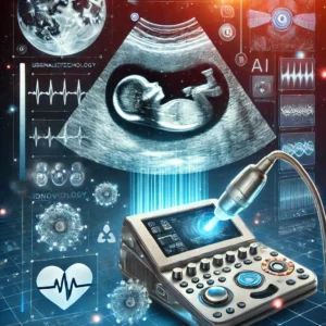 DALLE 2024-06-23 102853 - A futuristic ultrasound device using AI technology symbolizing Pediatrixs innovation in prenatal care The background should include elements of med - innovaTopia