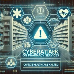 DALLE 2024-06-26 123708 - A disrupted pharmacy service interface with warning signs representing a cyberattack impacting prescription services in the US with Change Healthcar - innovaTopia