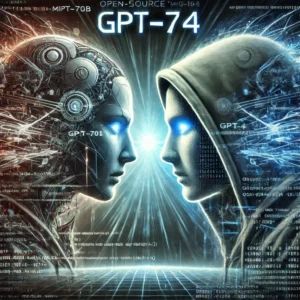 DALLE 2024-06-27 090423 - A dramatic illustration of the open-source AI miqu-1-70b challenging GPT-4 The scene features two AI entities in a symbolic face-off with digital - innovaTopia