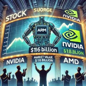 DALLE 2024-06-27 101348 - An impressive illustration showing Arms stock surge surpassing a market value of 6 billion and outperforming Nvidia and AMD The scene features a - innovaTopia