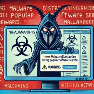 DALLE 2024-06-27 103425 - An illustration showing a warning about malware distribution during popular software searches with a menacing figure representing the Rhadamanthys - innovaTopia
