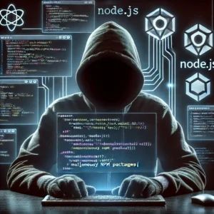 DALLE 2024-06-28 080743 - A dark cyber-themed illustration showing a hacker in a hoodie manipulating code on a screen The background features elements related to Nodejs and - innovaTopia