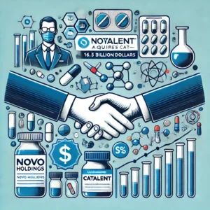 DALLE 2024-06-28 092814 - An illustration of Novo Holdings acquiring Catalent for 165 billion dollars The image features symbols of the pharmaceutical industry such as pills - innovaTopia