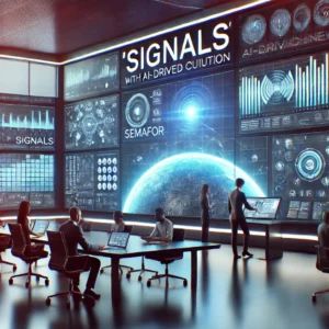 DALLE 2024-06-29 081131 - A sleek modern newsroom with a digital interface displaying Signals by Semafor Journalists are engaging with AI-driven curation tools on large scr - innovaTopia
