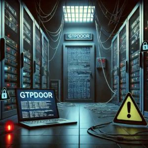 DALLE 2024-06-29 092306 - An illustration of a darkened server room with a Linux terminal displaying GTPDOOR malware activity Network cables and warning symbols surround the - innovaTopia