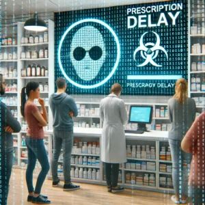 DALLE 2024-06-30 043636 - A modern pharmacy setting with concerned customers waiting in line A digital screen shows a _Prescription Delay_ alert In the background a hacker s - innovaTopia