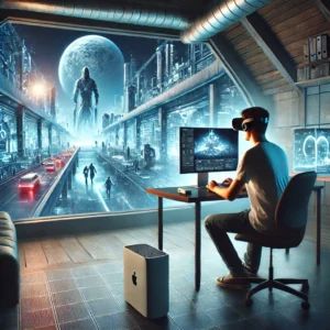 DALLE 2024-06-30 051412 - An immersive gaming room scene with Apple Vision Pro showcasing a user deeply engaged in a virtual world The environment is futuristic highlighting - innovaTopia