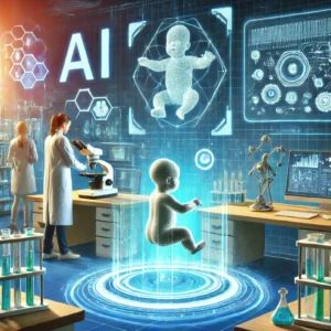 DALLE 2024-06-30 051416 - A futuristic scene showing researchers using AI technology to analyze baby learning methods The setting combines a laboratory and a digital interface - innovaTopia