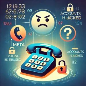 DALLE 2024-07-02 083059 - An illustration showing a phone number being reused and a Meta logo with symbols of accounts being hijacked and a questioning face representing secur - innovaTopia