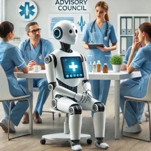 DALLE 2024-07-03 065424 - A healthcare AI robot in a medical setting engaging with a group of nurses at a table The setting is bright and modern representing the advisory co - innovaTopia
