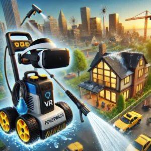 DALLE 2024-07-04 070938 - PowerWash Simulator VR adds six new levels in free update The image shows a VR headset a power washer and scenes of cleaning various locations - innovaTopia