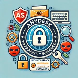 DALLE 2024-07-05 050437 - An illustration of AnyDesk logo with security breach elements representing the security incident and the invalidation of certificates and passwords - innovaTopia