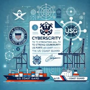 DALLE 2024-07-05 050457 - An illustration of a cybersecurity document with a USCG logo and port elements representing the signing of a bill to strengthen cybersecurity at US p - innovaTopia