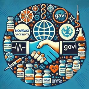 DALLE 2024-07-06 045402 - An illustration showing the logos of Novavax and Gavi with a handshake symbol indicating a settlement agreement of 0 million with elements of vac - innovaTopia