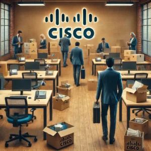 DALLE 2024-07-06 052058 - A corporate office setting showing a group of employees packing up their desks looking somber The Cisco logo is displayed on a wall The atmosphere - innovaTopia