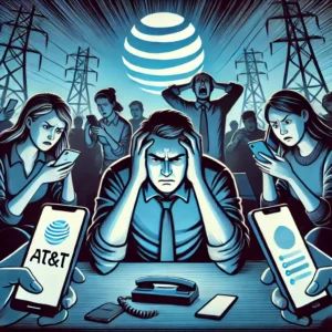 DALLE 2024-07-06 052108 - A tense scene with multiple people using their phones and laptops showing frustrated expressions due to a major communication outage The ATT logo i - innovaTopia