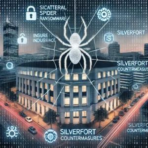 DALLE 2024-07-06 080806 - An image showing a financial and insurance industry being attacked by Scattered Spider ransomware Include elements like a spider web over a bank buil - innovaTopia