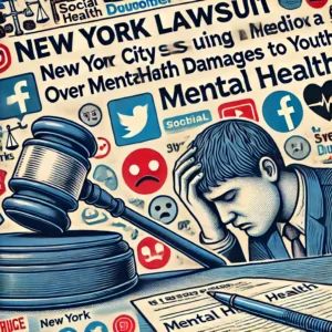 DALLE 2024-07-06 095834 - An image depicting New York City suing a major social media company over mental health damages to youth Include elements like a gavel social media i - innovaTopia