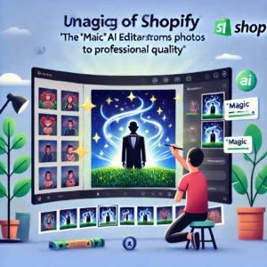 DALLE 2024-07-08 050703 - An illustration of Shopify unveiling the Magic AI editor that transforms photos to professional quality The scene shows a user editing photos with - innovaTopia