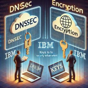 DALLE 2024-07-08 052351 - An illustration explaining the difference between DNSSEC and encryption with IBM revealing keys to security enhancement The scene shows a split scre - innovaTopia