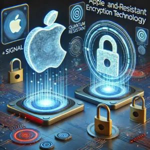 DALLE 2024-07-08 065511 - An illustration of Apple and Signal adopting quantum-resistant encryption technology The scene includes digital security symbols Apple and Signal lo - innovaTopia