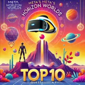 DALLE 2024-07-08 124032 - An illustration of Metas Horizon Worlds rising to the top 10 Quest apps The scene includes a VR headset the Meta logo and vibrant virtual reality - innovaTopia