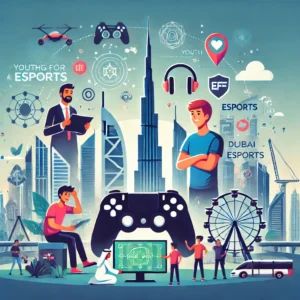 DALLE 2024-07-10 082515 - Illustration depicting Dubai as the new hub for gaming and eSports driven by youth innovation and growth predictions Include elements such as the Du - innovaTopia