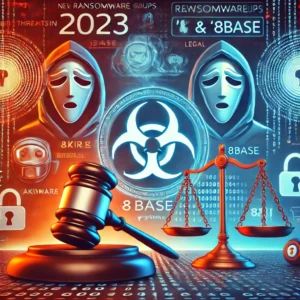 DALLE 2024-07-11 073820 - Illustration showing the rise of new ransomware groups Akira and 8Base in 2023 and their legal challenges Depict elements like ransomware symbols - innovaTopia