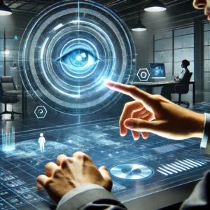 DALLE 2024-07-12 085716 - A futuristic vision of Apple Vision Pro controlled by eyes and hands The image should depict a user interacting with holographic interfaces in a sl - innovaTopia